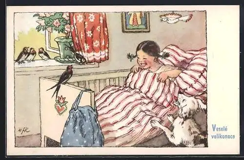 Künstler-AK M. Fischerova-Kvechova (MFK): Mädchen wird von Vögeln geweckt