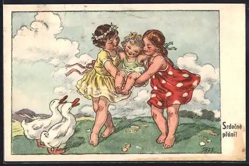 Künstler-AK M. Fischerova-Kvechova (MFK): Zwei Kinder tragen ein Baby, Srdecne prani!