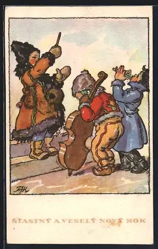 Künstler-AK M. Fischerova-Kvechova (MFK): Kinder musizieren, Stastny a vesely novy rok!