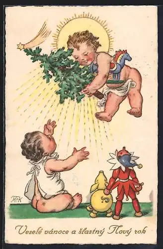Künstler-AK M. Fischerova-Kvechova (MFK): Christkind bringt einen Tannenbaum