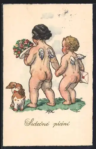 Künstler-AK M. Fischerova-Kvechova (MFK): Zwei nackte Engel mit Brief, Blumen und Hund laufen Hand in Hand
