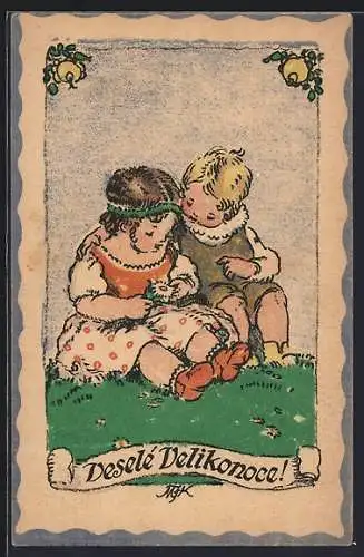 Künstler-AK M. Fischerova-Kvechova (MFK): Zwei Kinder sitzen mit einer Blume auf der Wiese