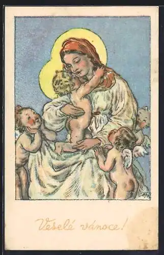 Künstler-AK Weihnachtsgruss, Weihnachtsengel bei der Heiligen Mutter und dem Christkind, Veselé vánoce!