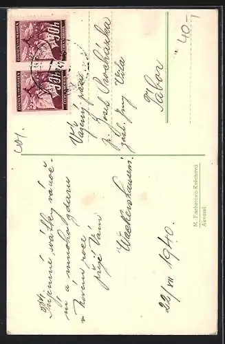 Künstler-AK M. Fischerova-Kvechova (MFK): Zwei Engel und ein Kind stehen auf einer Wolke