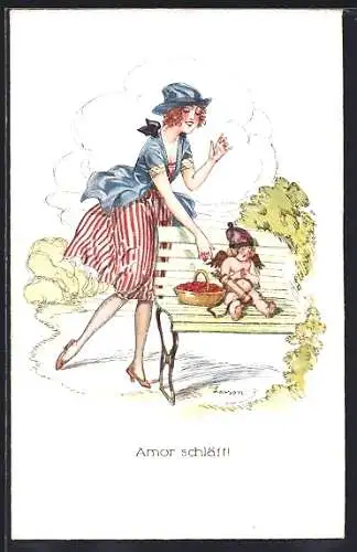 Künstler-AK sign.: Larson: Amor schläft auf der Bank