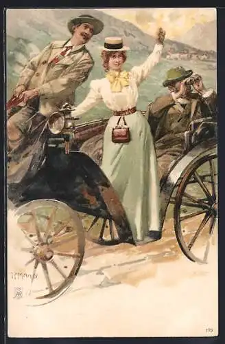 Künstler-AK sign. R. Mamn: Kutschtour mit Dame in den Bergen