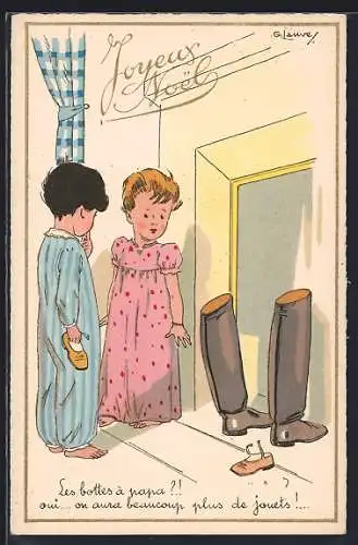 Künstler-AK sign. G. Laure: Les bottes à papa?!, Joyeux Noel