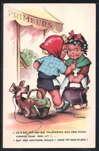 Künstler-AK sign. Gougeon: Ce n`est pas moi qui tolérerais que mon chien couche dans mon lit!...
