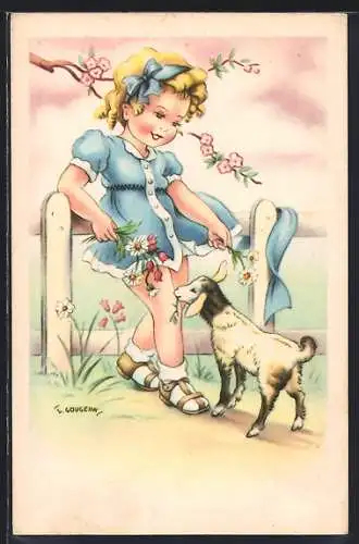 Künstler-AK sign. Gougeon: Kleines Mädchen mit Blumen und Lamm