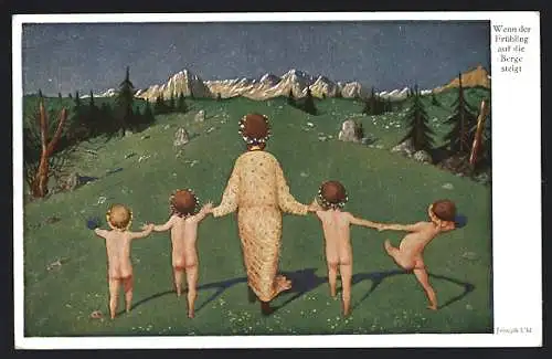 Künstler-AK sign.Joseph Uhl: Mutter mit ihren Kindern auf einer Alm