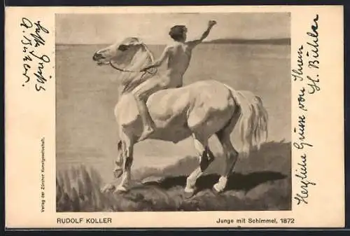 Künstler-AK sign. Rudolf Koller: Junge mit Schimmel