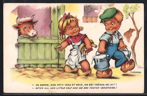 Künstler-AK sign. Gougeon: After all, her little calf and we are foster-brothers!