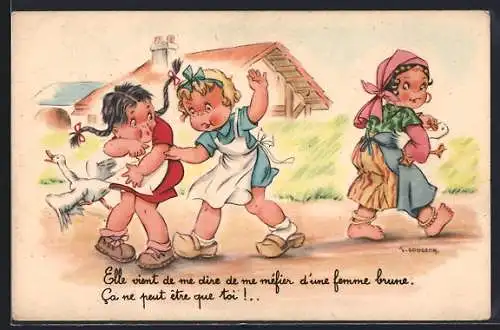 Künstler-AK sign. Gougeon: Elle vient de me dire de me méfier d`une femme brune...