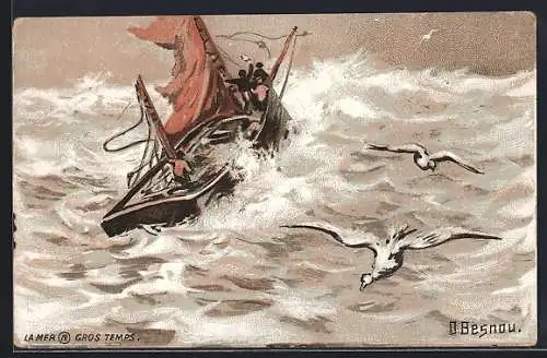 Künstler-AK sign. O. Besnau, Segelboot in Seenot: