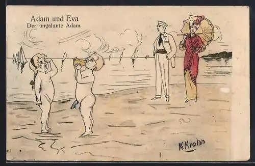Künstler-AK sign. K. Krohn: Adam und Eva, Der ungalante Adam