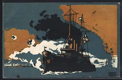 Künstler-AK sign. Adolf Scholz: Kriegsschiffe in Fahrt