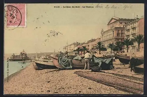 AK Nice, Le Quai du Midi et le Théâtre avec bateaux sur la plage