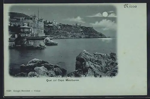 Mondschein-AK Nice, Quai col Capo Montboron sous la lune