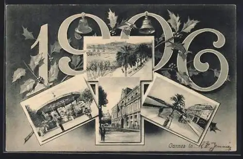 AK Cannes, Collage de vues avec paysage urbain et palmiers, 1906
