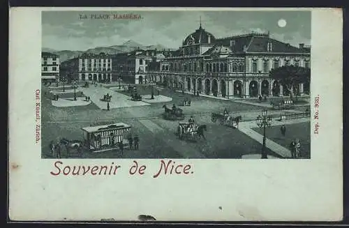 Mondschein-AK Nice, La Place Masséna avec tramway et calèches