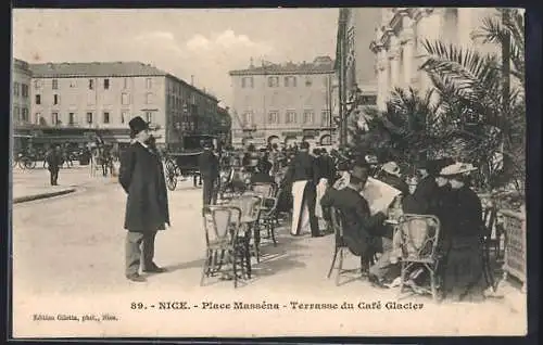 AK Nice, Place Masséna, Terrasse du Café Glacier