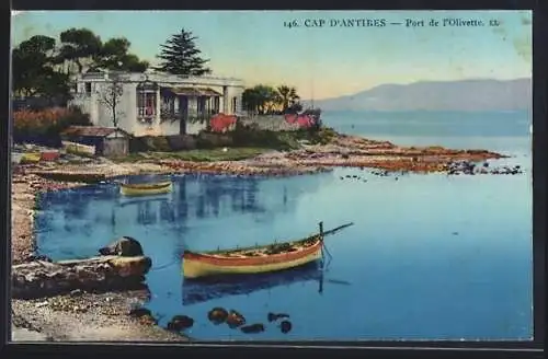 AK Cap d`Antibes, Port de l`Olivette avec barques et vue sur la côte