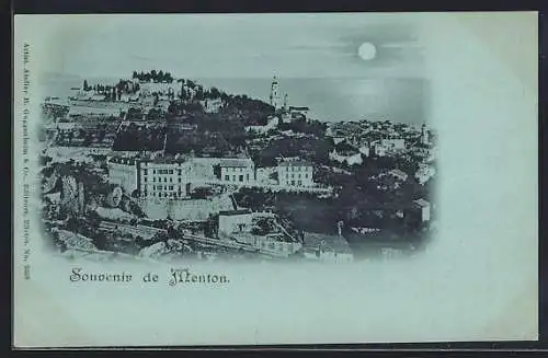 Mondschein-AK Menton, Vue nocturne de la ville sous la pleine lune
