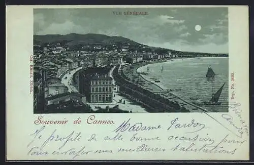 Mondschein-AK Cannes, Vue générale de la promenade et de la plage sous la lune