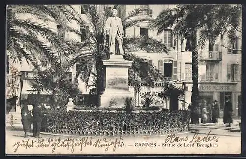 AK Cannes, Statue de Lord Brougham et palmiers environnants
