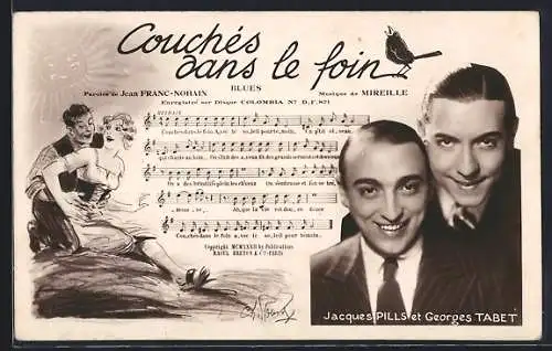 AK Jacques Pills und Georges Tabet, Portrait, Lied Couches dans le foin, Liebespaar