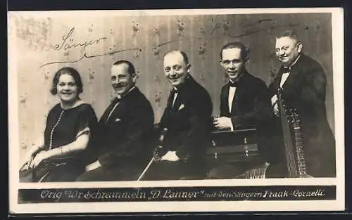 AK Wiener Schrammeln D. Lanner mit Sängern Frank-Cornelli, Portrait mit Instrumenten