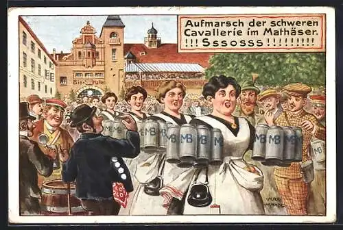 Künstler-AK München, Aufmarsch der schweren Kavallerie im Gasthaus Mathäser, Bayerstrasse