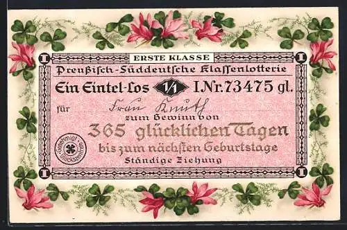 Lithographie Preussisch-Süddeutsche Klassenlotterie, Einzel-Los