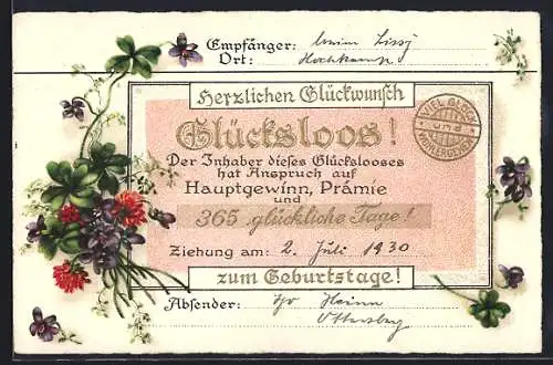 Lithographie Glückslos mit Gewinn 365 glückliche Tage, Blumen, Geburtstagsgruss