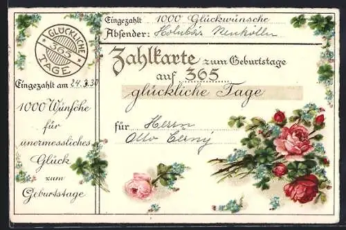 AK Zahlkarte auf 365 glückliche Tage, Blumen, Geburtstagsgruss