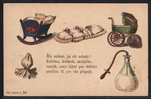 Lithographie Wiege, Kinderwagen, Fläschchen mit Schnuller, Bettchen