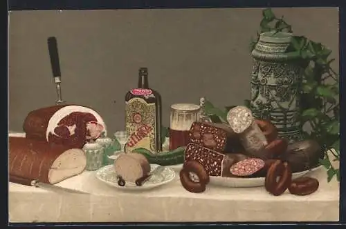 AK Stilleben mit Schinken, Wurst, Brot, Bier und Gilka-Schnaps