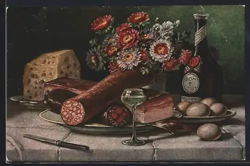 AK Stilleben mit Käse, Wurst und Schinken, Eiern und Likör