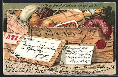 AK Weisst Du Mutterl was mir träumt hat?, Lieferung von Wein und Wurst in einer Holzkiste, Guten Appetit!