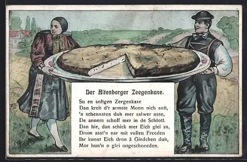AK Altenburg, thüringisches Trachtenpaar mit Ziegenkäse, Der Altenborger Zeegenkase