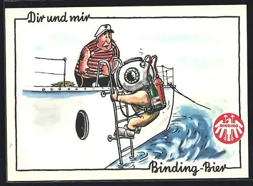AK Brauerei-Werbung Binding-Bier, Taucher steigt mit Sauerstoffflasche und Bierflasche ins Wasser