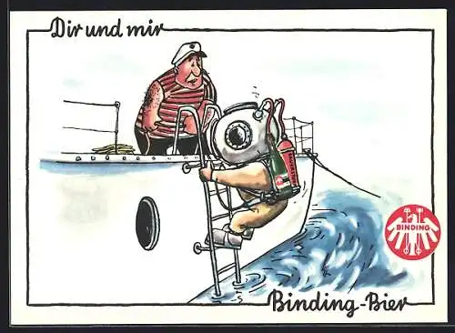 AK Brauerei-Werbung Binding-Bier, Taucher steigt mit Sauerstoffflasche und Bierflasche ins Wasser