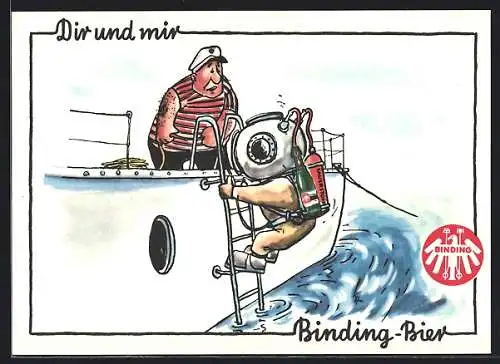 AK Brauerei-Werbung Binding-Bier, Taucher steigt mit Sauerstoffflasche und Bierflasche ins Wasser