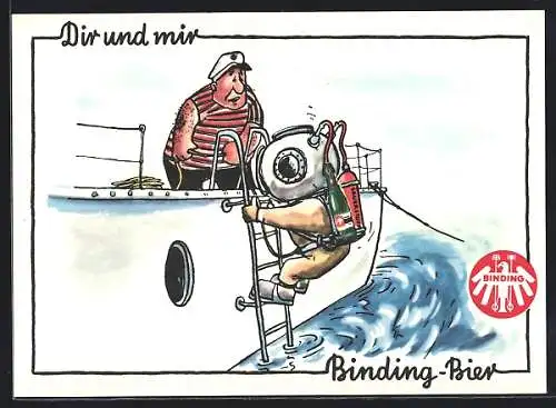 AK Brauerei-Werbung Binding-Bier, Taucher steigt mit Sauerstoffflasche und Bierflasche ins Wasser
