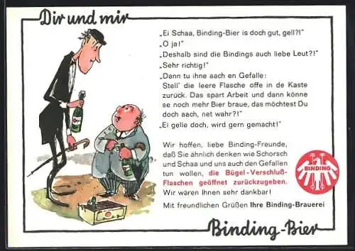 Künstler-AK Binding-Bier Werbung mit grossem dünnen und kleinem dicken Mann und Kasten Bier, Gespräch
