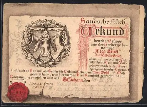 AK St. Johann, Urkunde über den Besuch in der Herberge Altes Kindl, Münchner Kindl