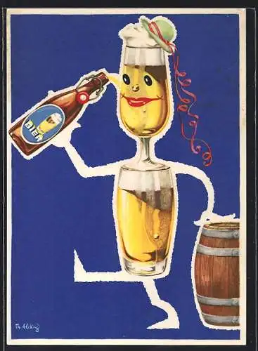 AK Figur aus Biergläsern trinkt Bier aus einer Flasche, Brauerei-Werbung