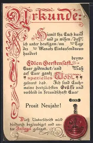 Künstler-AK Urkunde über das Bier trinken in einem Brauhaus