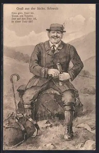 Künstler-AK Bergsteiger bei der Mahlzeit, ...Der auf der Tour ist, In einer Tour isst!