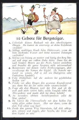 AK Zehn Gebote für Bergsteiger, Überlade deinen Rucksack nicht..., Schlage mächtigen Krach beim Hüttenwart...